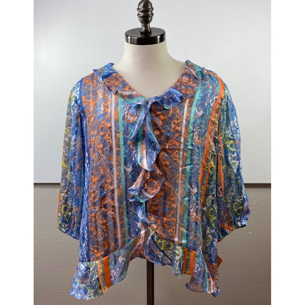 Ruby Rd. Womens Blue Orange Paisley Print Sheer Blouse With Ruffle Front Size XL